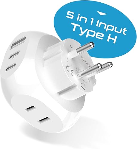 Vista 2 de Ceptics Israel, Palestine Travel Plug Adapter - Tipo H - 5 entradas con 20W PD-QC 3.1A Dual USB-C y USB - Peso ligero - Perfecto para teléfonos