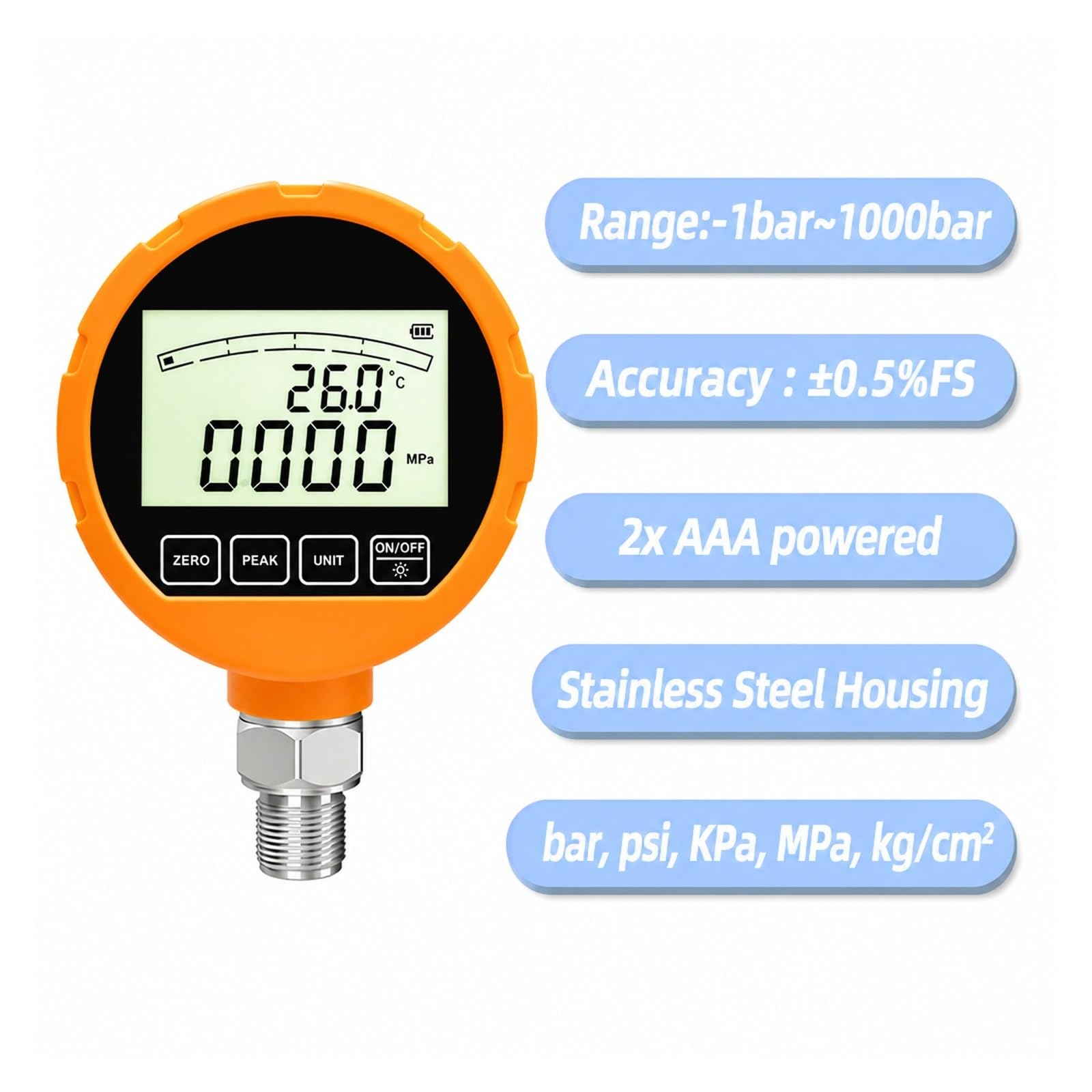 Ciśnieniomierz, Cyfrowy Manometr Hydrauliczny ME461P | SUS316L, LCD, 4-1/2 Pozycji, IP54, 200 PSI I Więcej, Gwint Męski/żeński, Średnica 83 Mm(G1-2 0-25Mpa)