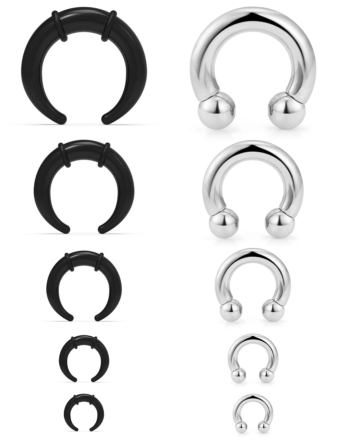 Kadogohno14G-4G Septum Stretching Kit Surgical Steel Acrylic Pincher Tapers C Shape Buffalo Stretcher Expander with Black O-Rings for Stretching Pierced Nose Ear Cartilage for Women Men 10Pcs