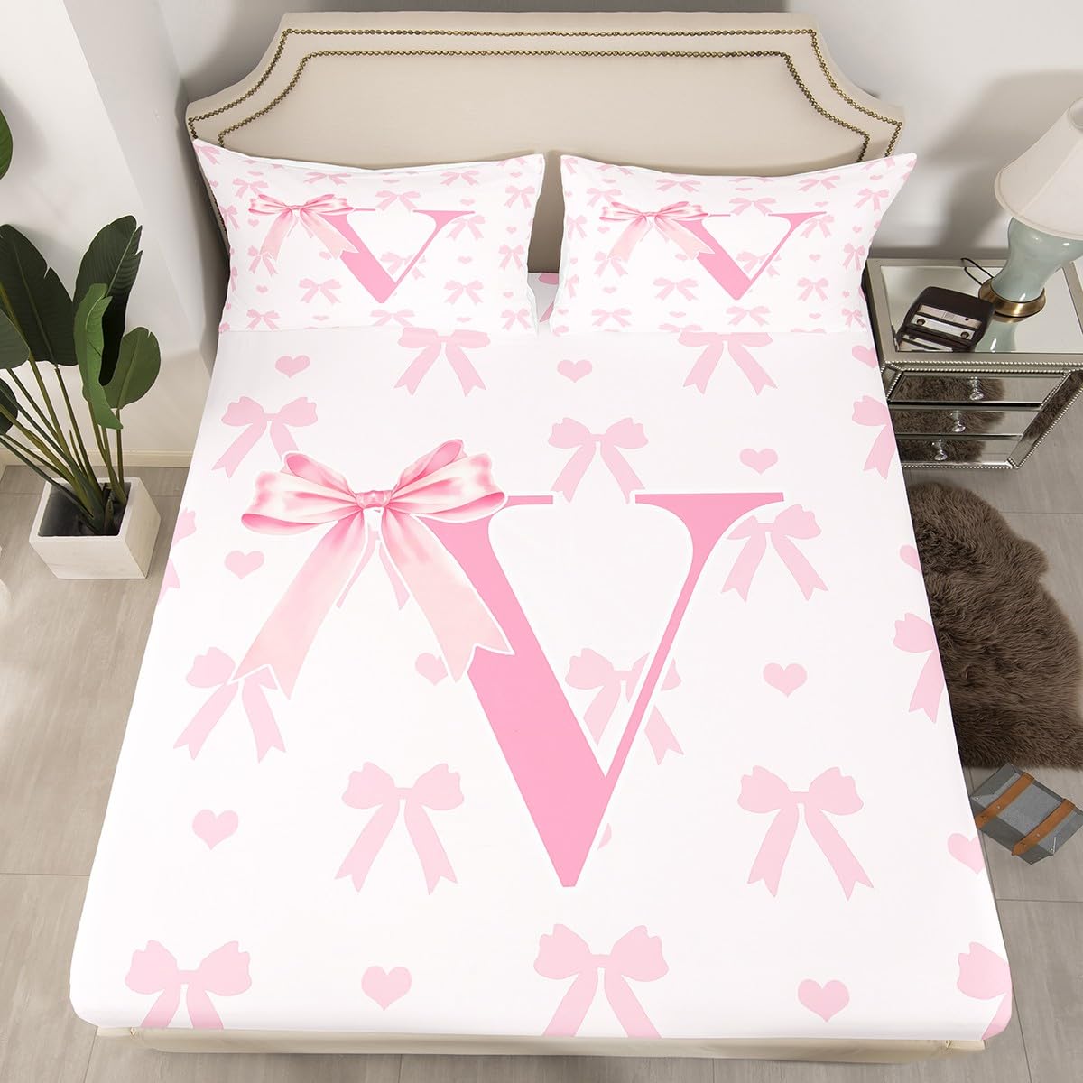 Pink Bow Bed Sheet Set Princess Style Bowknot Love Hearts Girly Fairy Sheet Sets Deep Pocket(No Flat Sheet),Initial Letter V Chic Romantic Mattress Cover,Single with 1 Pillowcase