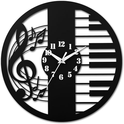 CIGERA Relojes de pared de música de 12 pulgadas con nota musical y dial de tecla de piano, movimiento silencioso del reloj y funciona con pilas,