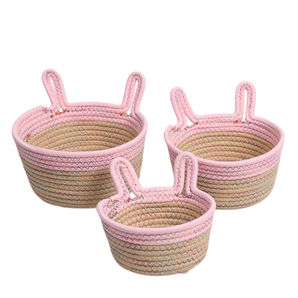 Cesta de almacenamiento multiusos apilable de cuerda de algodón trenzada, organizador con orejas, cesta trenzada para regalos, para baño, habitación infantil, salón, rosa marrón, S+M+L