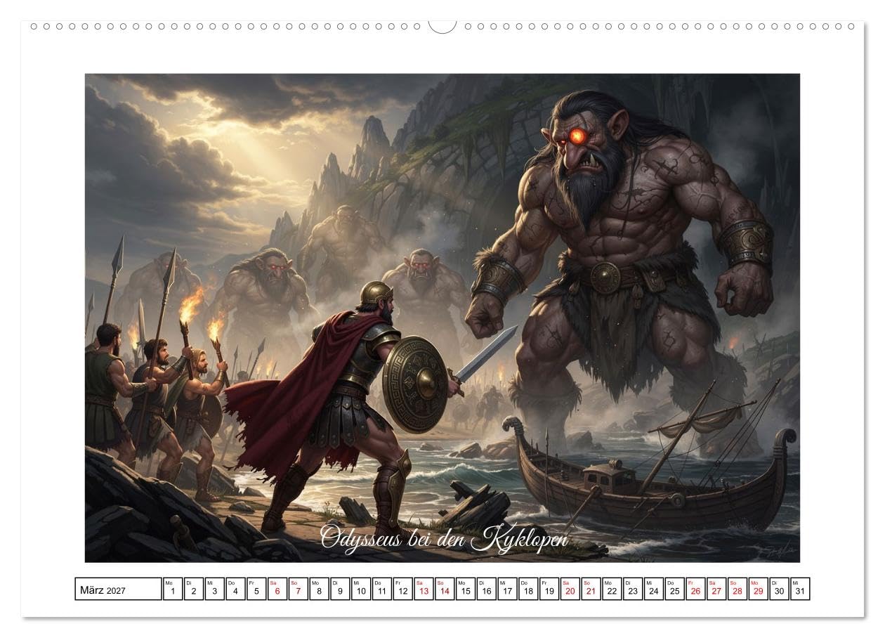 Die Irrfahrten des Odysseus (hochwertiger Premium Wandkalender 2027 DIN A2 quer), Kunstdruck in Hochglanz: Griechische Legende - Stationen der gefährlichen Heimfahrt (CALVENDO Kunst)