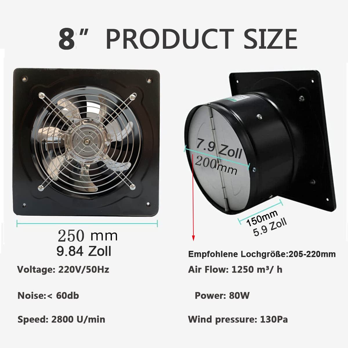Ventilador axial de 80 W, 1250 m³/h, ventilador extractor de 200 mm, ventilador de metal industrial, para cocina y baño, para techo y pared, tamaño de placa: 250 x 250 mm