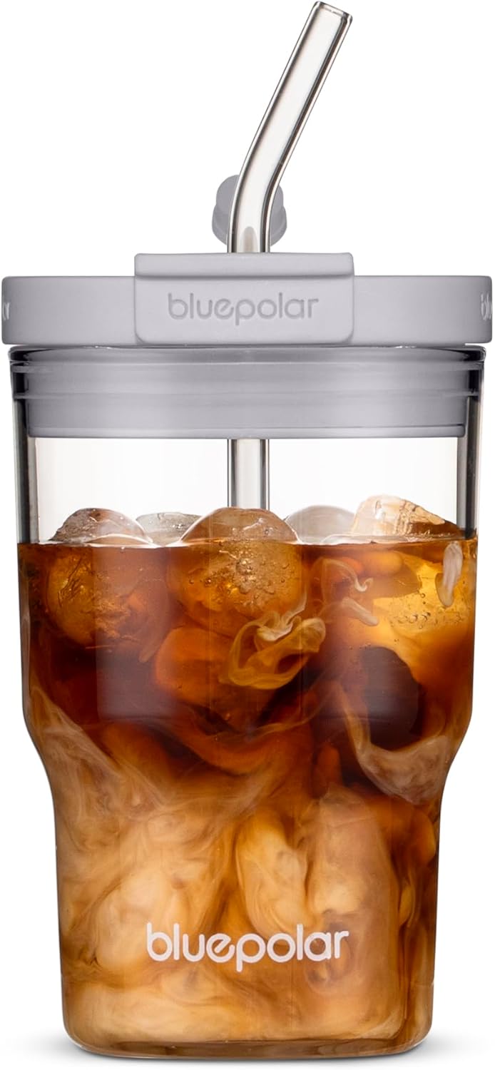 Glass Cups with Lids and Straws,16oz/480ml Reusable Iced Coffee Glasses & Juice Bottles,Cold Brew Tumblers with Leakproof Lids,BPA-Free Glass Jars for Juicing,Matcha,Tea,Smoothie (Grey)