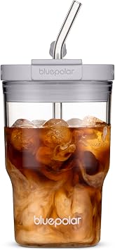 BLUEPOLAR Glass Cups with Lids and Straws,16oz/480ml Reusable Iced Coffee Glasses & Juice Bottles,Cold Brew Tumblers with Leakproof Lids,BPA-Free Glass Jars for Juicing,Matcha,Tea,Smoothie Grey