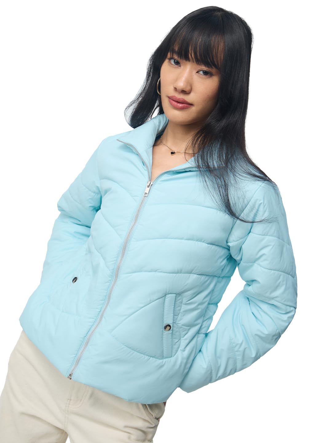 the souled store Hearts Women and Girls Full Sleeves Spread Collar Light Blue Chevron Quilted Polyester Oversized Fit Lightweight Casual Puffer Jacket-picture-59