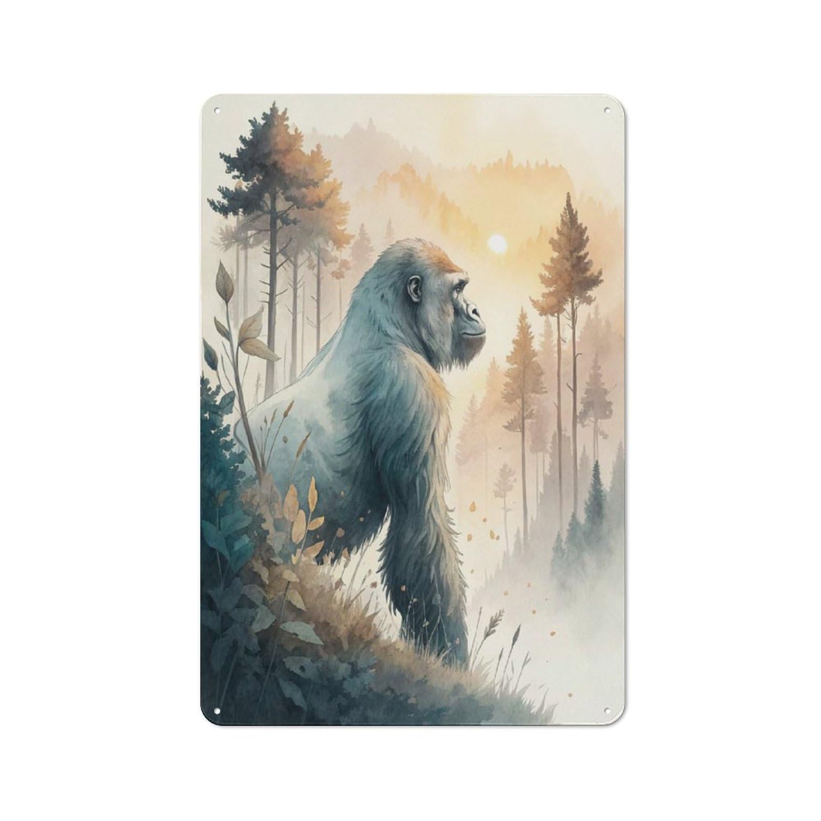 Junmoney Style-12 Gorilla In A Misty Forest At Sunrise Rustic Metal Plaque 30X20cm For Living Room Or Hallway, For Garage, Workshop And Man Cave Decoration