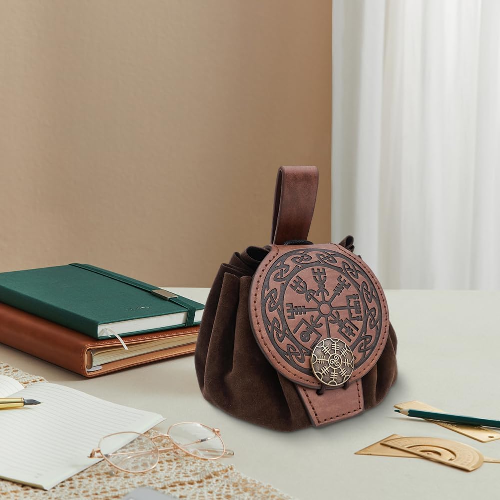 Medieval Embossed PU Leather Drawstring Purse Portable Renaissance Belt Pouch Waist Bag Retro Viking Leather Side Pack Vintage Pirate Nordic Coin Dice Bag for Ren Faire Halloween(Brown C) - Image 5