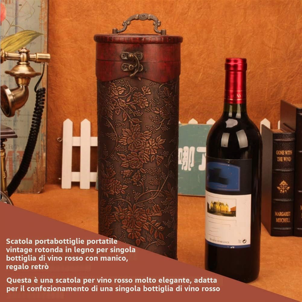 Scatola per vino, scatola per vino rosso in legno Scatola per vino rosso rotonda singola con manico Scatola per imballaggio per vino per la decorazione domestica