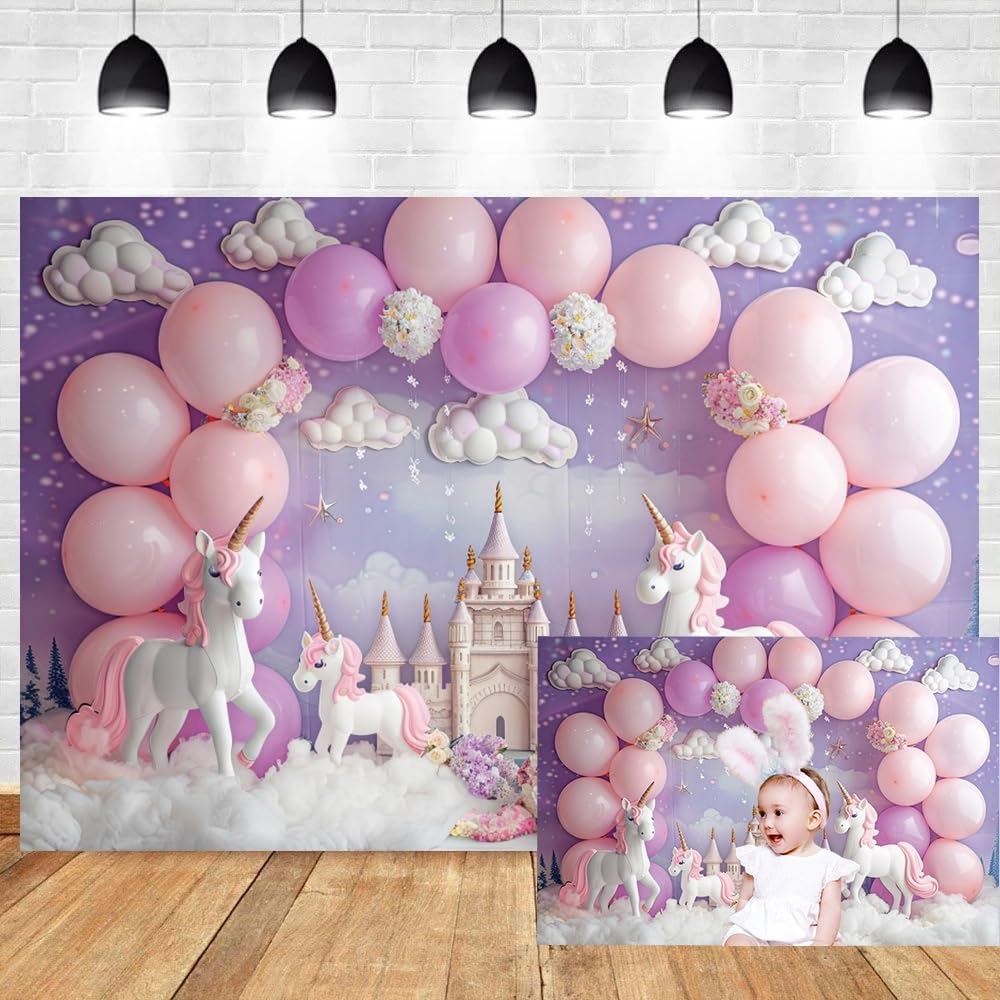 4,5x3m Sfondo Unicorno Castello delle Meraviglie Fiori Arco di palloncini viola e rosa Sfondo fotografico interno Nuvola Bianca Romantico Decorazioni per feste di compleanno per bambine