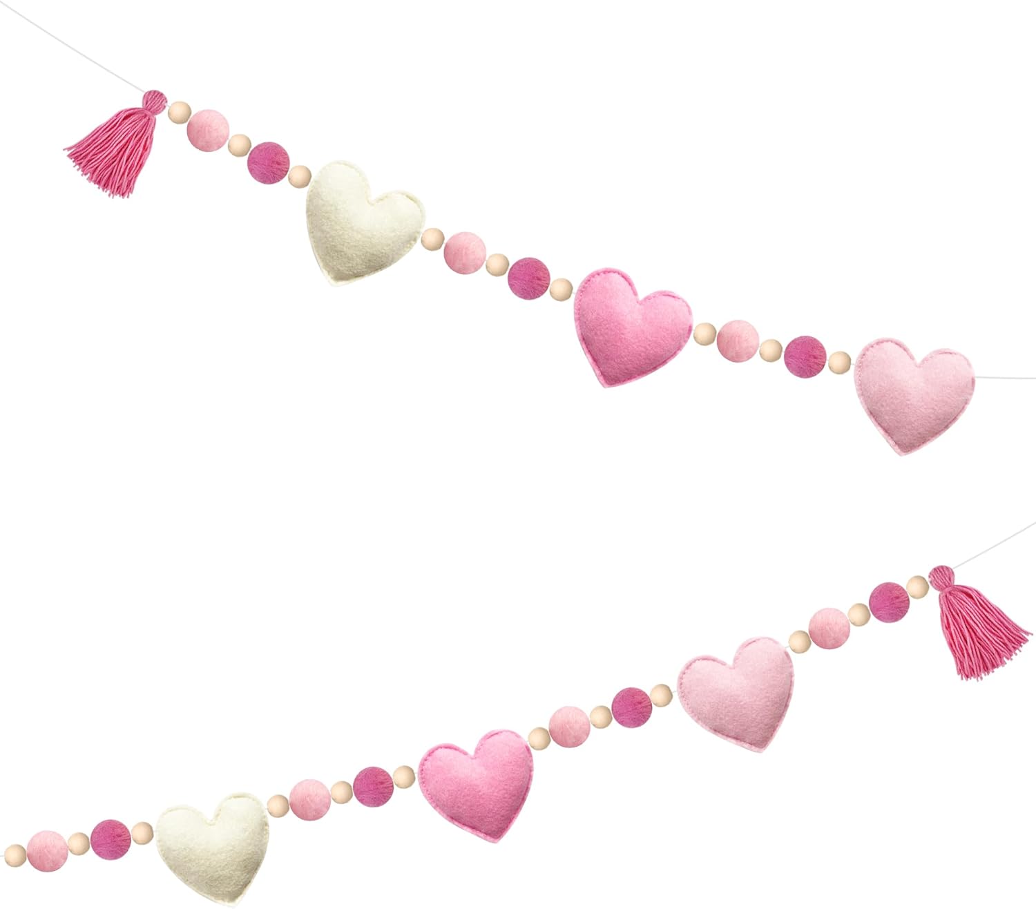 Ombre Pink Heart Decoration Handmade Pre-Strung Felt Heart Banner Wool Felt Ball Wooden Bead Garland Streamer for Baby Shower Birthday Anniversary Valentines Day Nursery Classroom Fireplace Home Decor Pink Beige