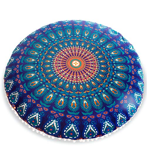 Mandala Life ART Bohémien Yoga Décor Housse de Coussin de Sol - 75cm - Taie d'oreiller Tapis de Méditation Ronde - Décoratif Pouf Tapis en Coton imprimé Cover