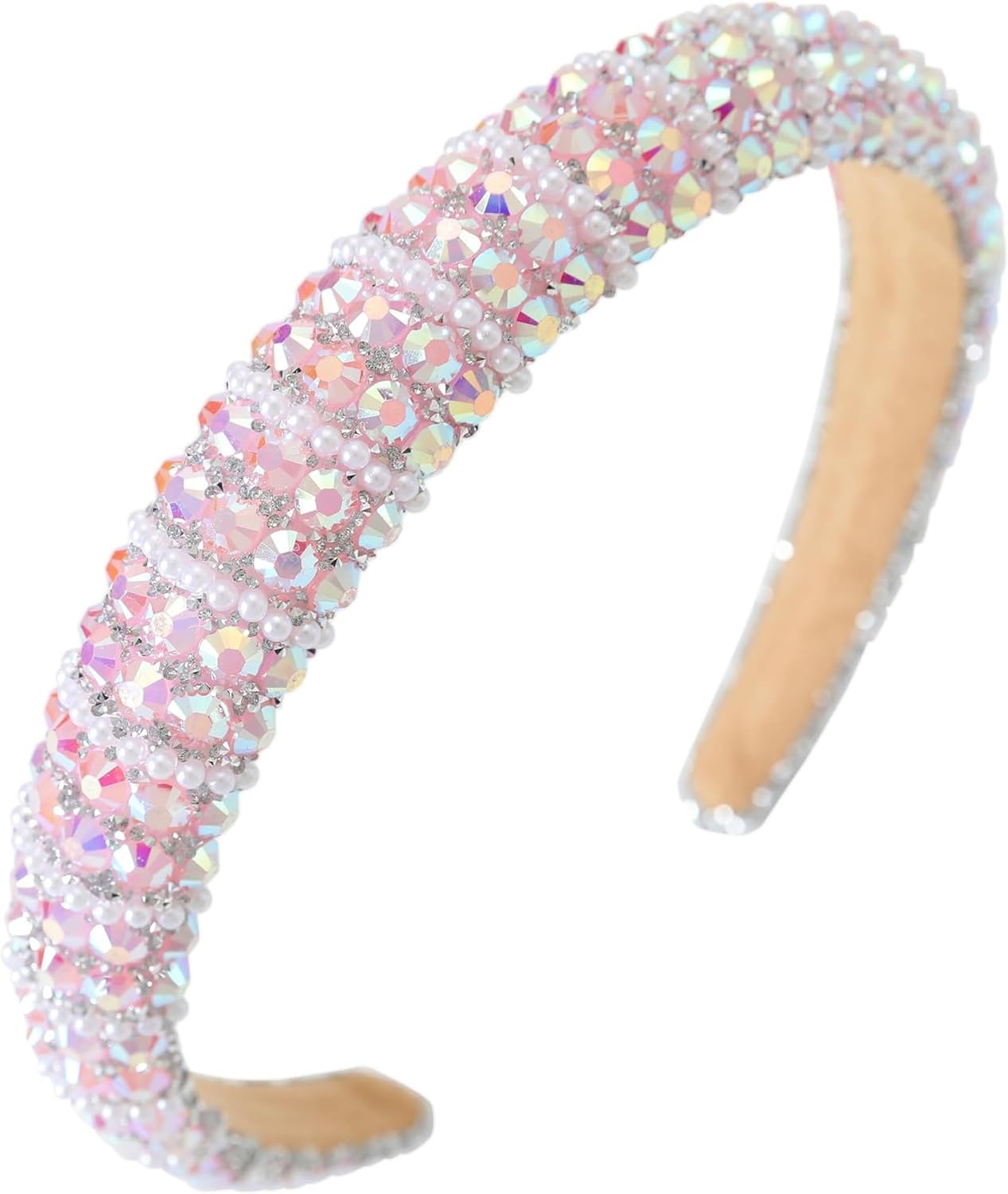 KGAIXN Diamond Rhinestone Jeweled Headbands for Women Girls Bling Sparkle Beaded Crystal Thick Padded Hairband Non Slip Glitter Hair Hoop Accessories, A-Light Pink
