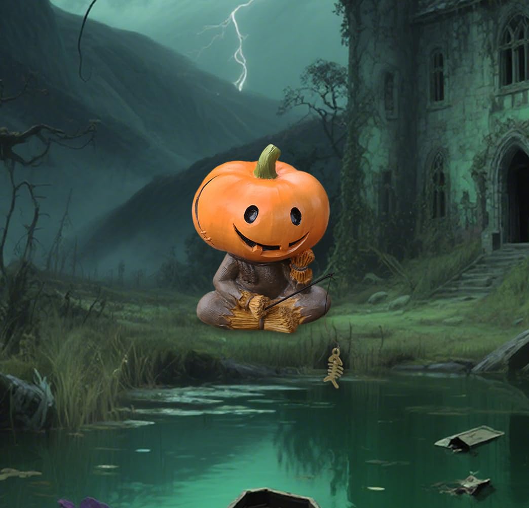 Halloween Deko Kürbisfigur, Wetterfest für Garten und Teich, Angler Stroh Kürbisfiguren, Harz Statue für Blumentopf