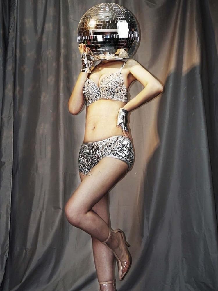 Earthradius Disco Mirror Ball Glitter Helmet Mask Mirror Costume for Women Men DJ Club Stage Bar Dance Party Mirror Man Show