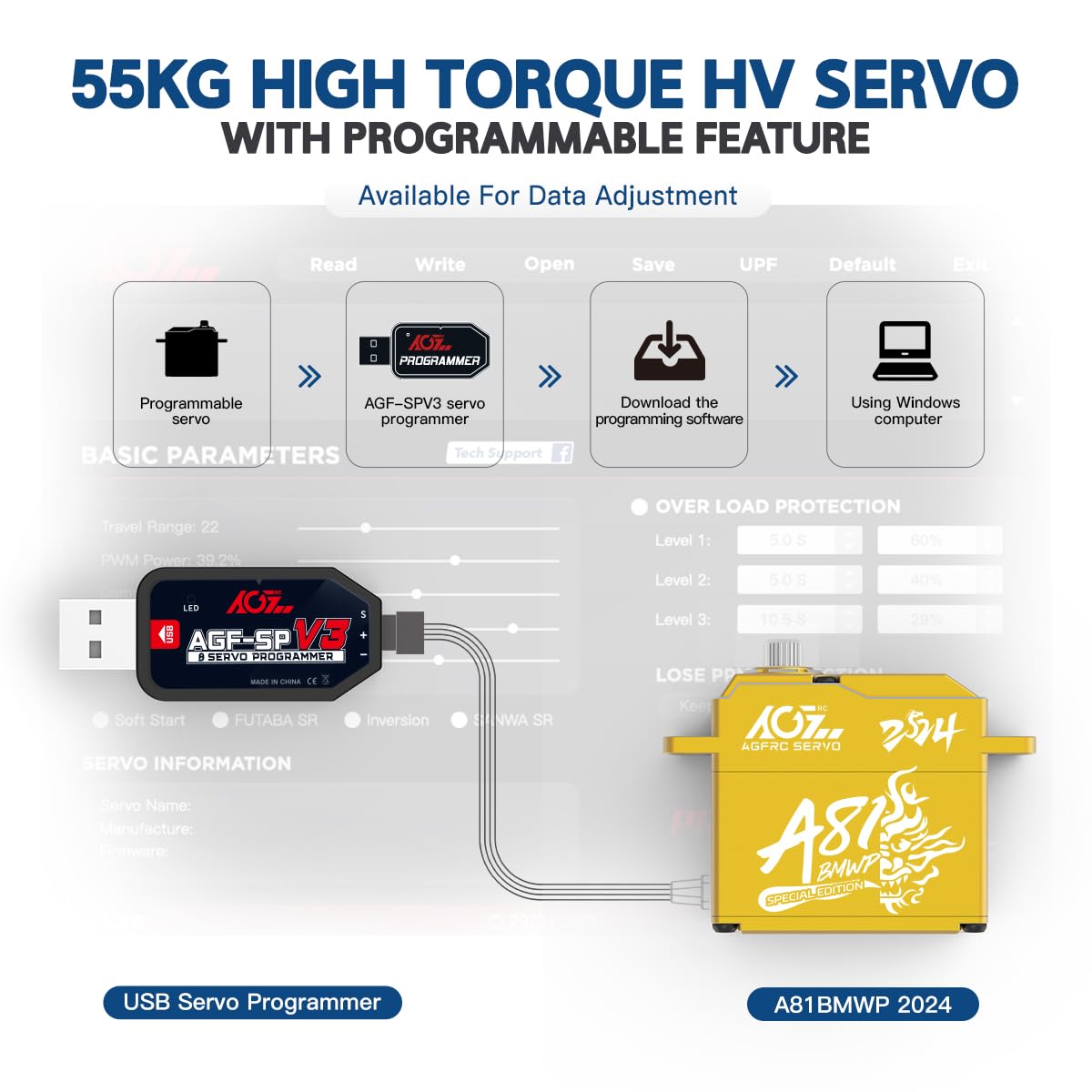 AGFRC Servo-motore impermeabile RC sterzo 55KG ad alta coppia - Full Metal Gear Digital Brushless Standard Servo per auto RC 1/8 1/10, angolo di controllo 180° (A81BMWP 2024 Special)