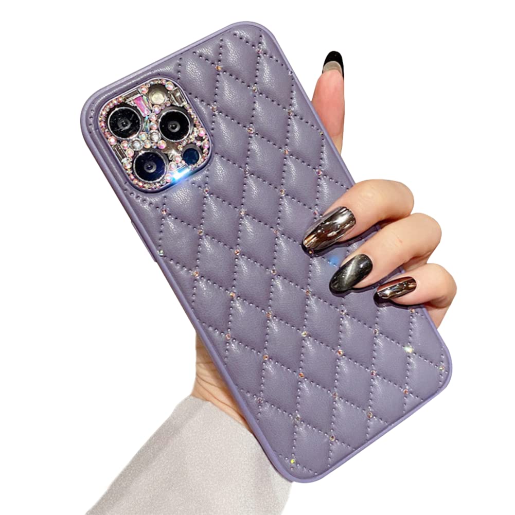 Leather Diamond Quilted Back Case Compatible with iPhone 13 Pro Max, Case Bumper Protective Cover with Crystals Diamonds for Women Girls Phone Case, Purple