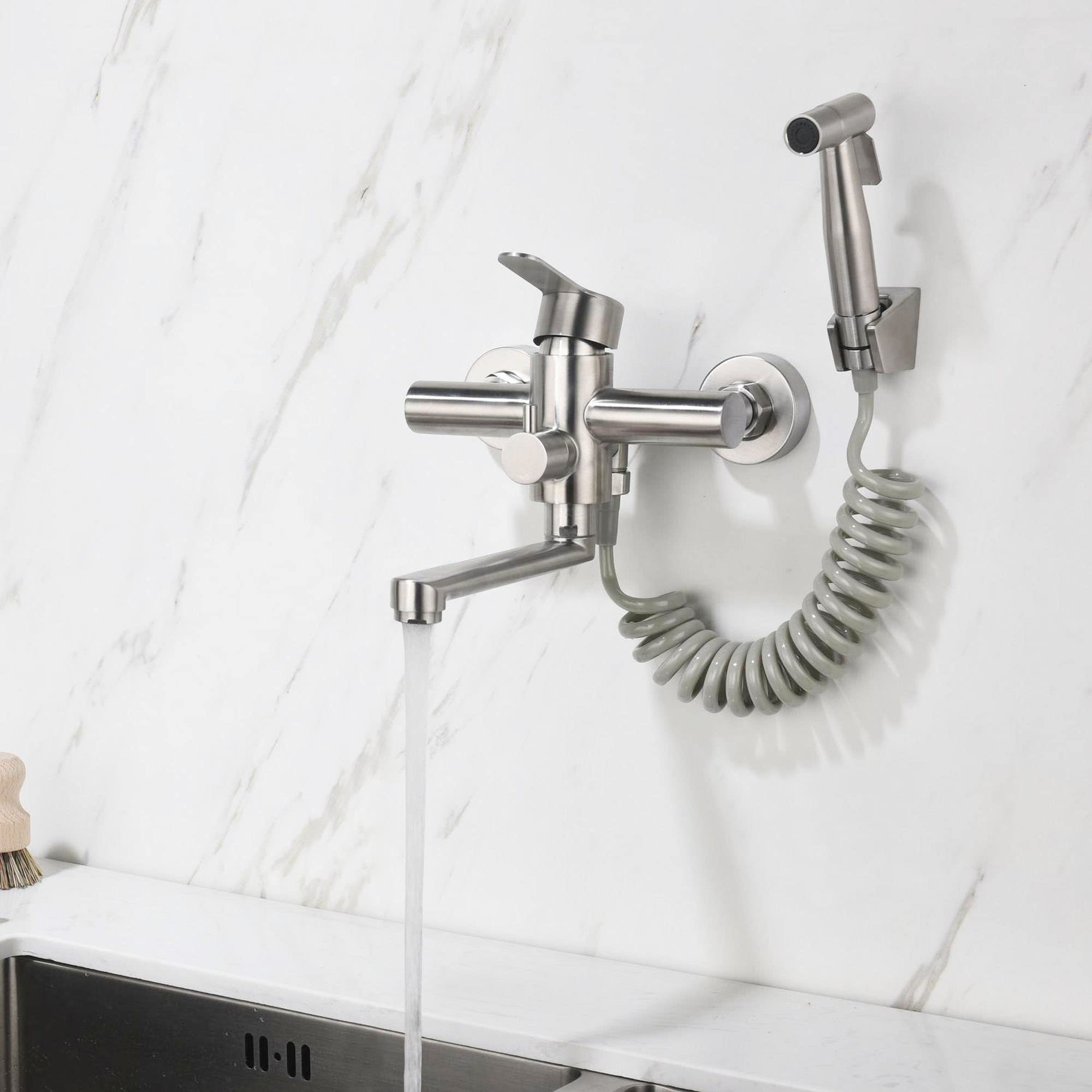 HomeLava Wandarmatur für Küche Wasserhahn Küche Wandmontage mit Spritzpistole und 2 Wasserstrahlarten 360° Drehbar Auslauf kurz 18cm Edelstahl Küchenarmatur Spültischarmatur Armatur