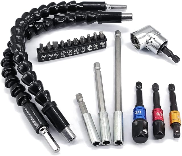 Nachlesy Flexible Drill Bit Extension Set, Right Angle Drill, 2 Pcs Flexible Shaft, 3 Pcs Quick Release Magnetic Bit Holder, Impact Driver Bits, 10 Pcs Screwdriver Bits
