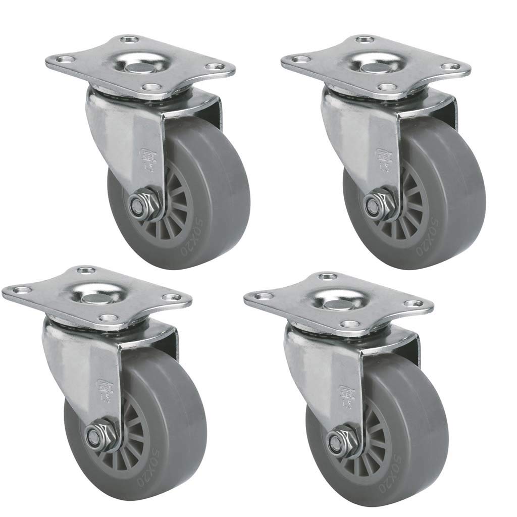 Set di 4 rotelle universali in acciaio inox, piastra piatta da 50 mm, silenziose e resistenti, carico massimo: 40 kg, colore grigio, perfette per mobili e applicazioni pesanti