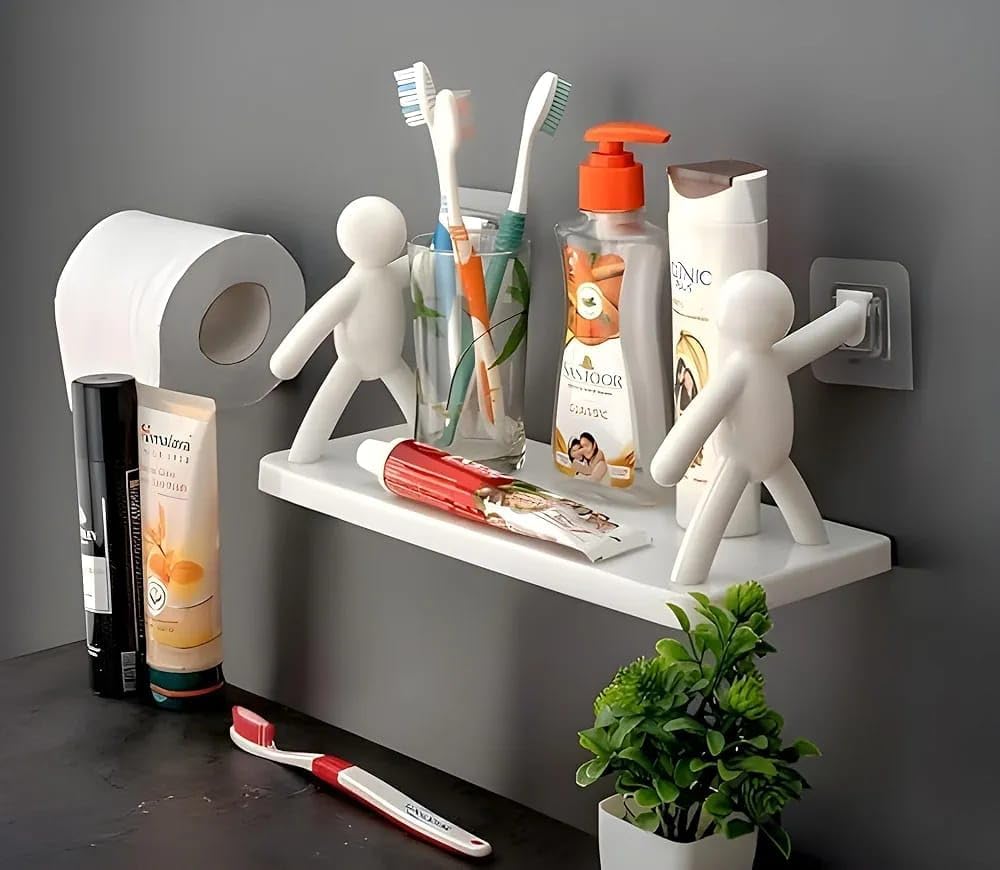 Modern White Decorative Wall Shelf with Cute Character Design Holders – Space-Saving, Durable Bathroom Storage & Stylish Organizer-image-43