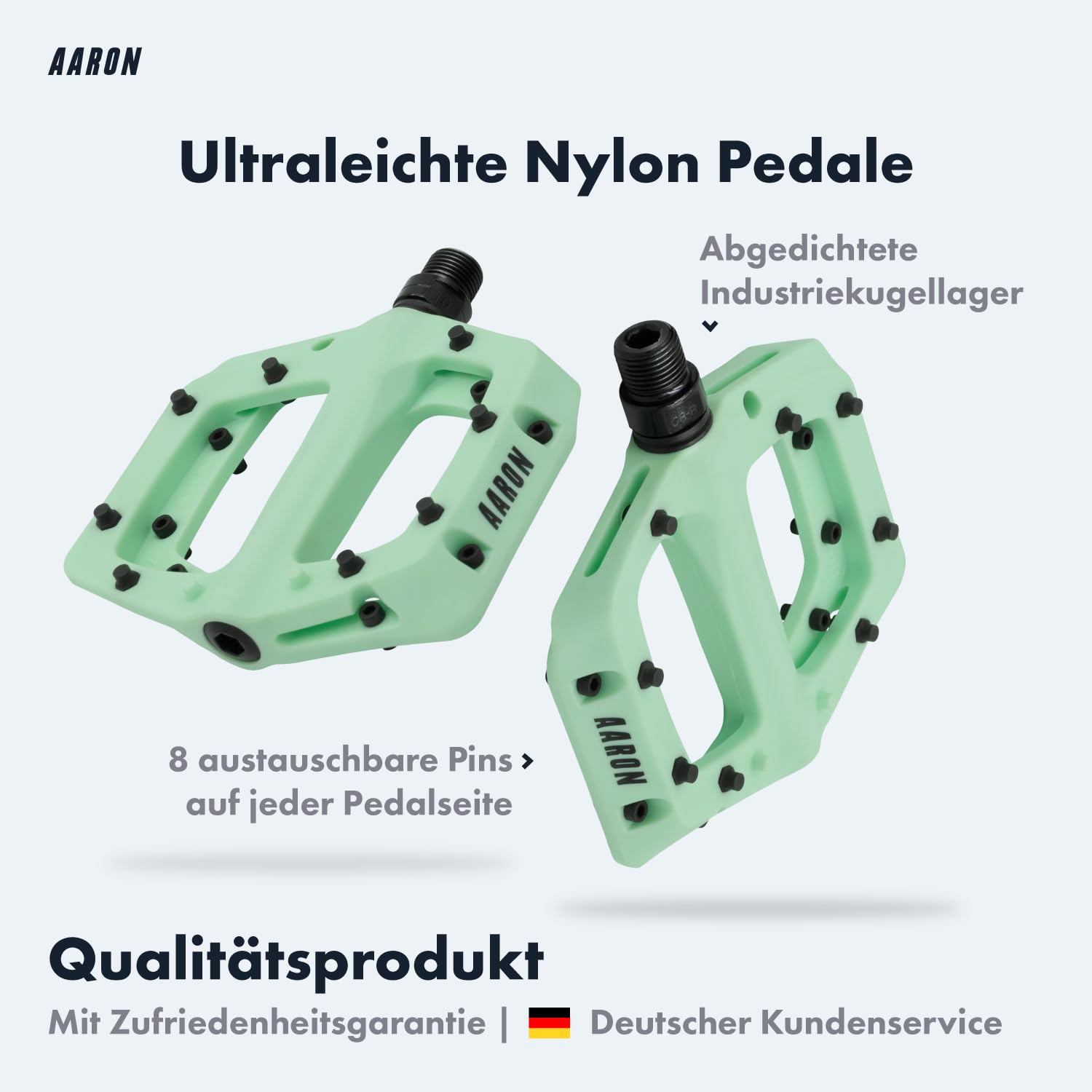AARON Dirt MTB Pedale aus ultraleichten Nylonfasern mit abgedichtetem Industrie-Kugellager - rutschfest durch 8 austauschbare Pins - Plattform Fahrradpedale für Dirtbike, E-Bike, Downhill, Trekking
