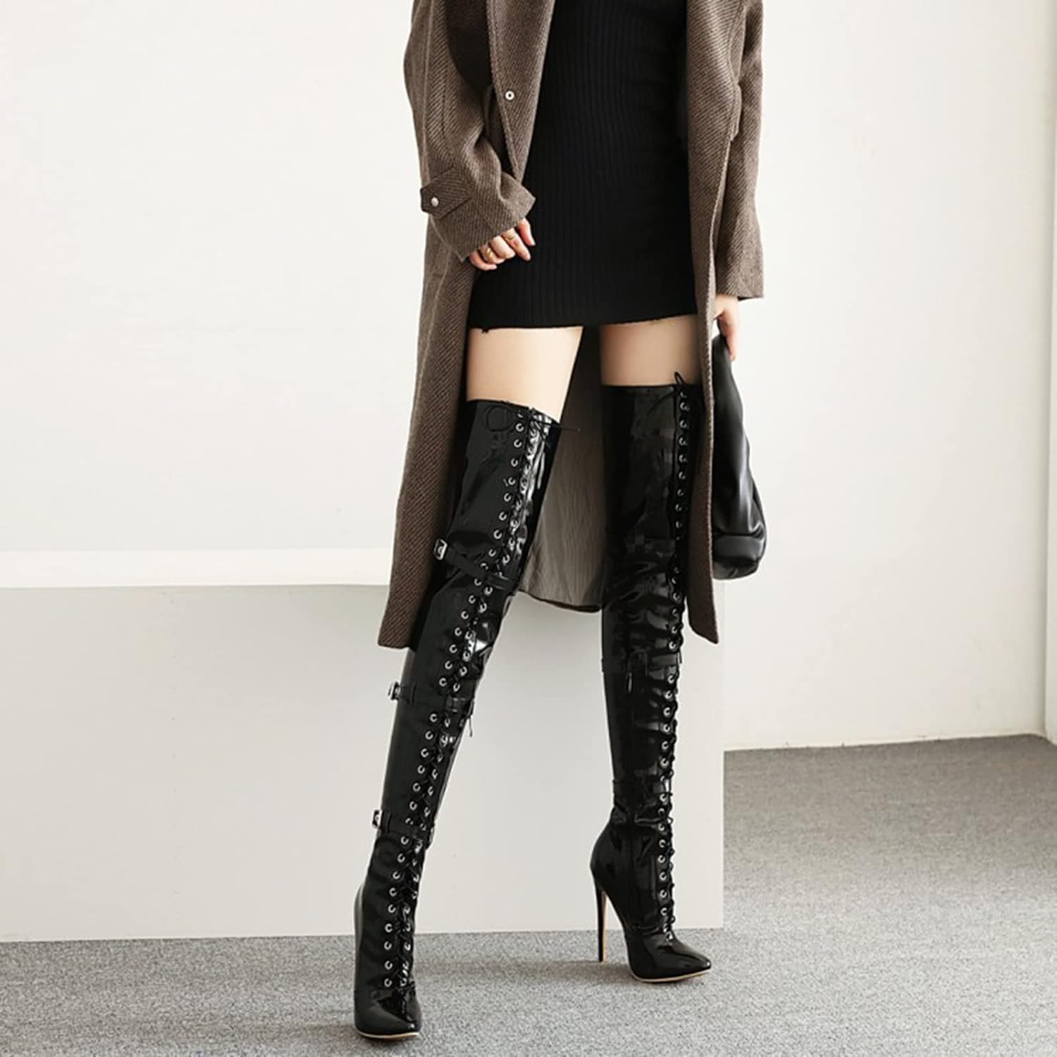 4.72 pulgadas Zapatos de tacón alto fetiche sexys grandes para mujer Zapatos de tacón alto finos con encaje de charol Cordones Botas hasta el muslo hasta la rodilla para motocicleta botines