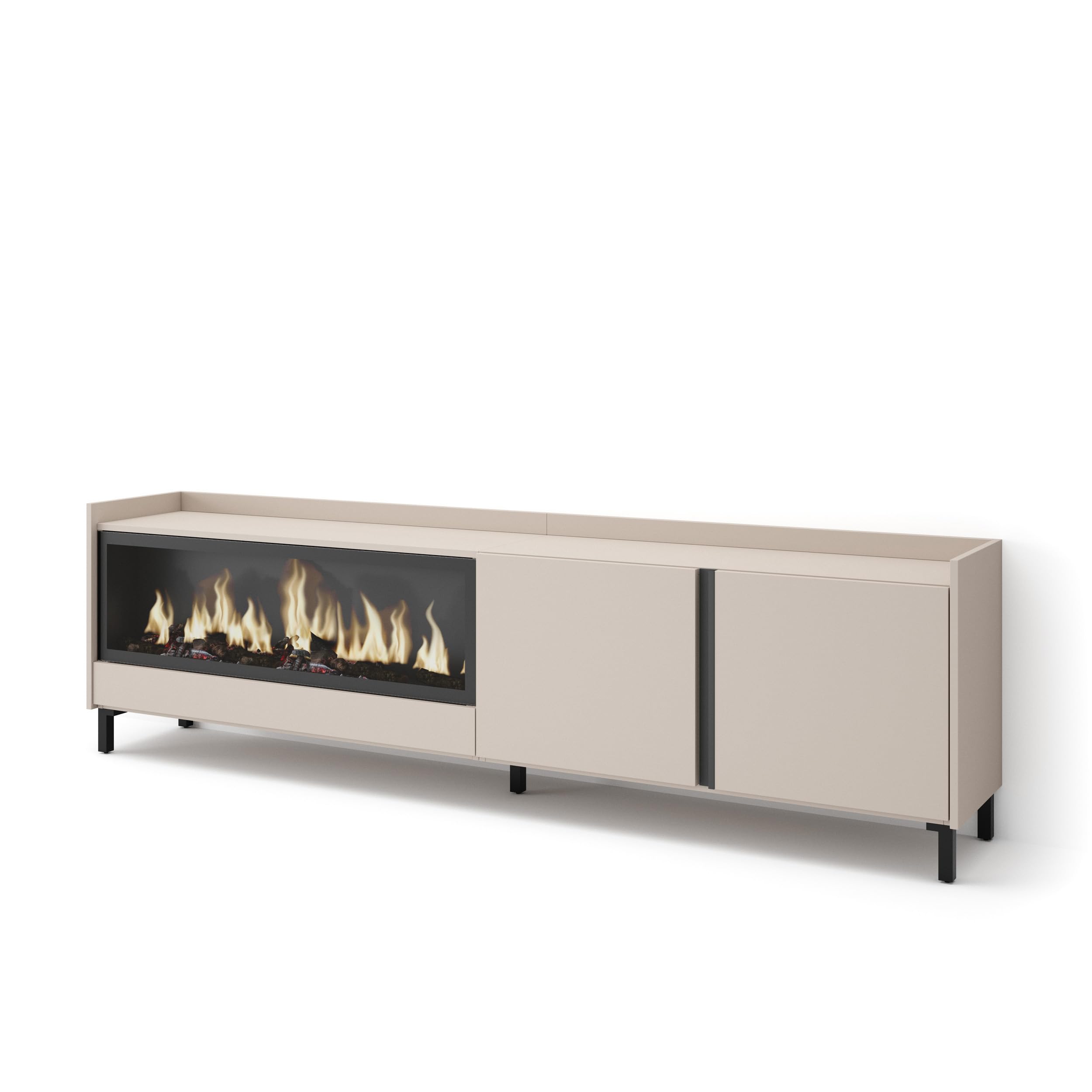 Skraut Home | Mueble TV | Muebles de salón, almacenaje | 212x61x35 cm | para televisión hasta 80" | Chimenea eléctrica XXL | Diseño Industrial | Estilo Moderno | Beige
