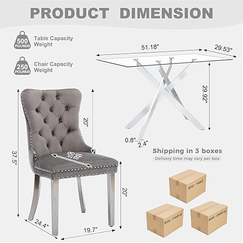 Miniatura 3 de Juego de mesa de comedor de vidrio de 51 pulgadas para 4, mesa de cocina rectangular de vidrio con 4 sillas decorativas tapizadas de terciopelo,