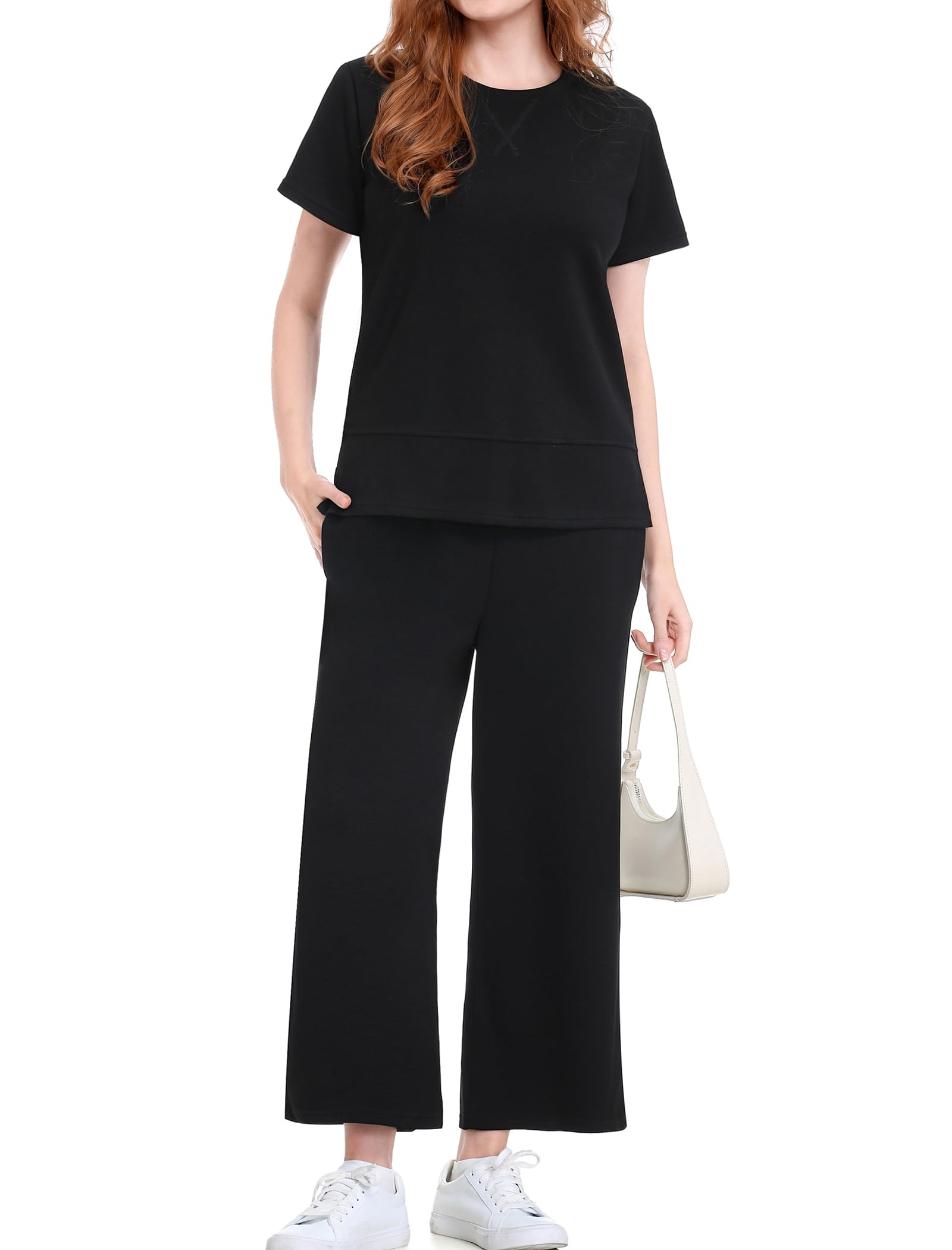 EYZH Womens 2 Piece Lounge Set - Summer Comfy Travel Outfits, Short Sleeve Wide Leg Vacation Sets Loungewear