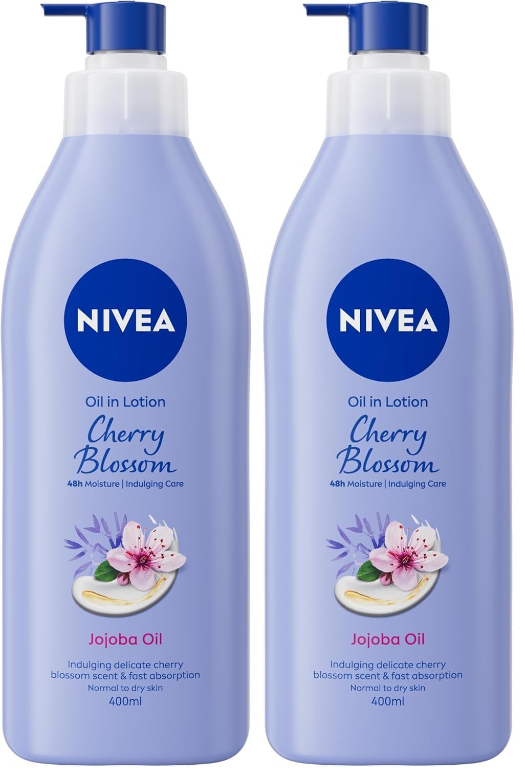 NIVEA Değerli Yağlar İçeren Vücut Losyonu Kiraz Çiçeği & Jojoba Yağı, 400 ml, Normal ve Kuru Ciltler için, 48 Saat Nemlendirme, Hızlı Emilen Losyon (2 paketi)