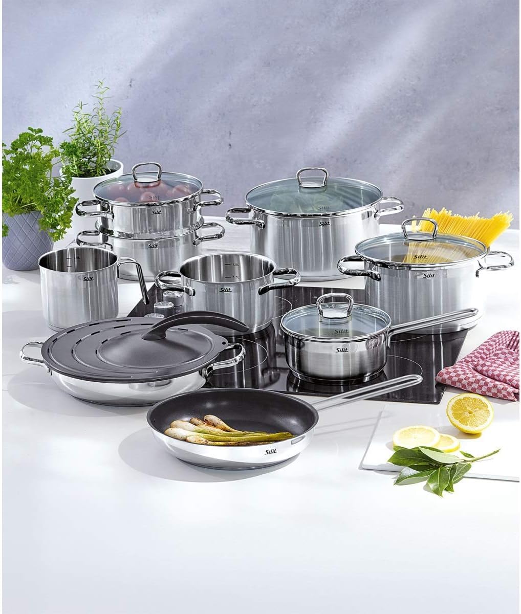 Silit Toscana - Batería de Cocina 5 Piezas de Acero inoxidable Parcialmente Mate, Tapas de Cristal, Aptas para Todo Tipo de Cocinas
