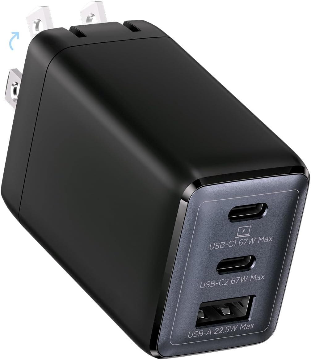 67W USB C Charger, 3-Port GaN Fast Charging Block with Foldable Plug, Compatible with MacBook Pro/Air, iPad Pro, iPhone 16/15/Pro, Galaxy S25/S24, Note20, Pixel, Apple Watch, (Black)