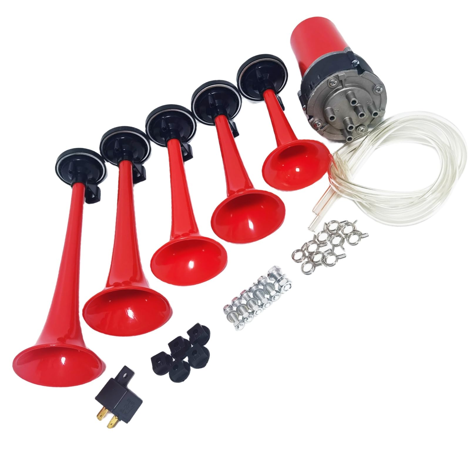 Klaxon à air trompette Klaxon de voiture 12V Air Horn Trompette musicale 165db Corne d'alarme Cinq tubes Dixie rouge étanche avec pompe à air haut-parleur Car Horn pour 12V bateau camion etc