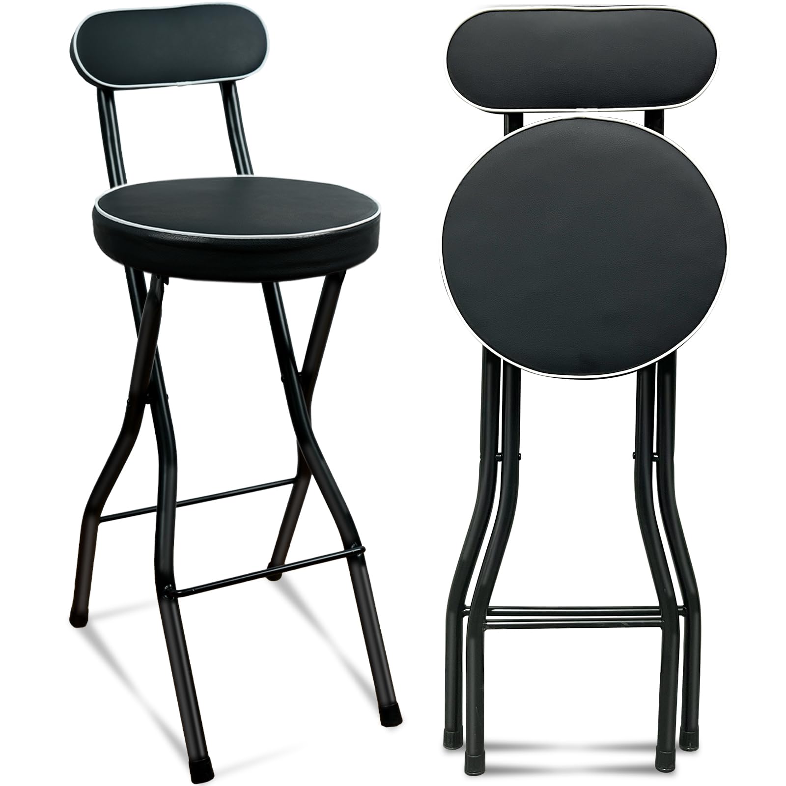 1 PCS Folding Bar Stool with Back, Tall Foldable Stool Seat Padded Portable Stools Counter Height Foldable Stools Chairs Collapsible Stool for Adults Kitchen Island (Black)