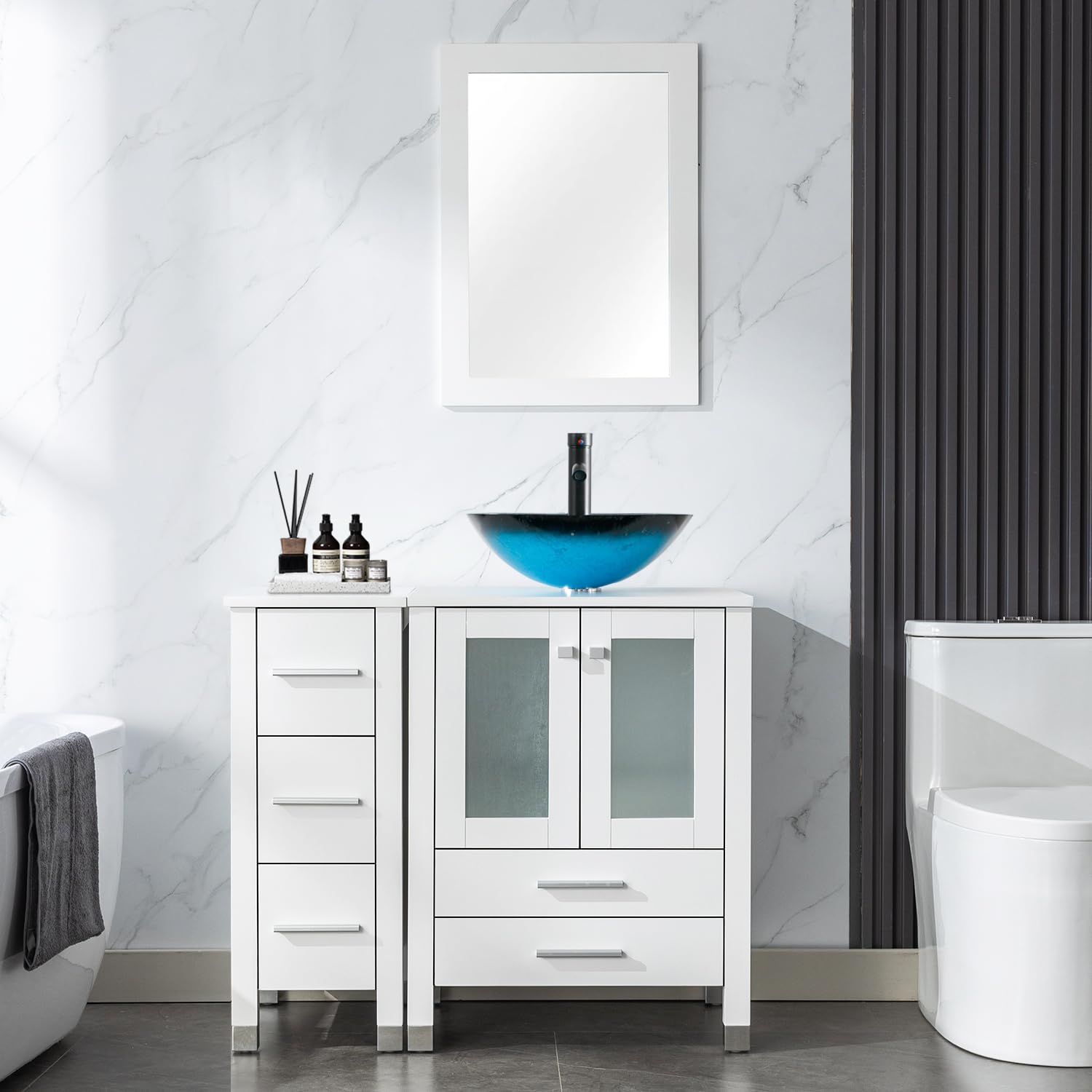 LUCKWIND 36" Bathroom Vanity with Sink Combo, 24-inch Main Cabinet with 12.6-inch Side Cabinet, Painted Bathroom Storage Cabinet with 5 Drawers,