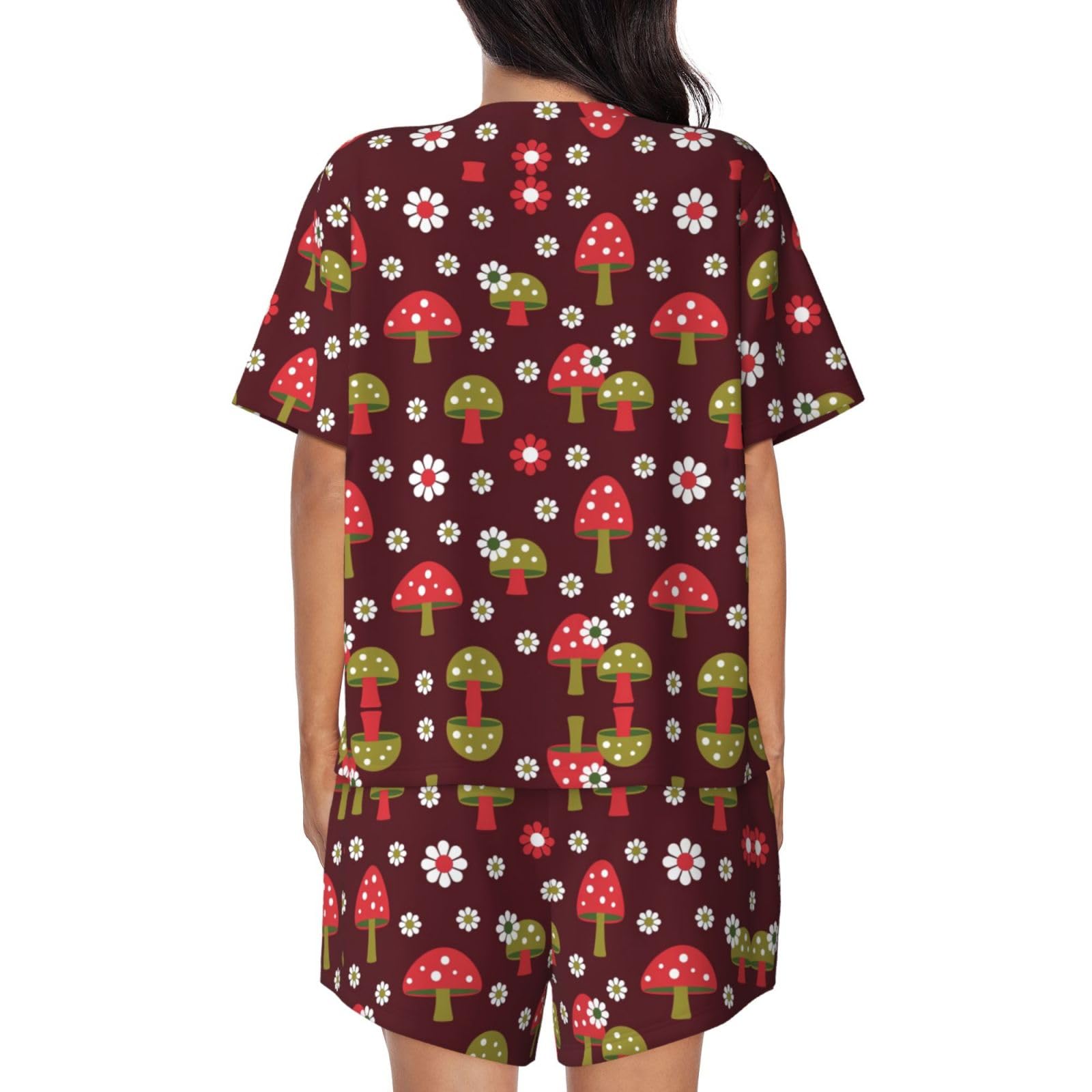 Conjunto de pijama de manga corta para mujer, pijama con estampado artístico de hongos brillantes para otoño e invierno, ropa de descanso con botones, ropa casual