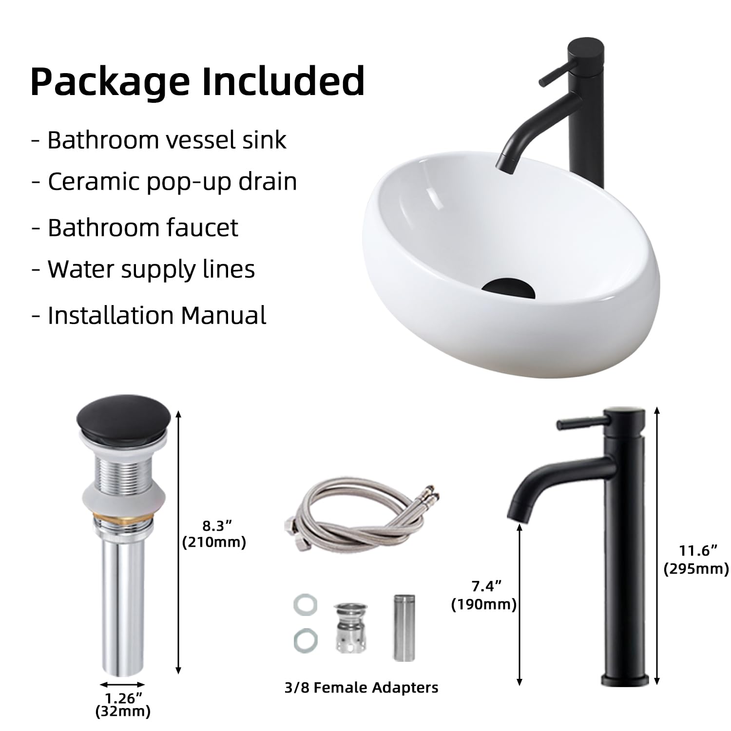 Fregadero ovalado de cerámica de 16 x 11.8 x 5.3 pulgadas, fregadero de baño sobre encimera con grifo y drenaje emergente, diseño curvado suave, duradero y fácil de instalar y limpiar