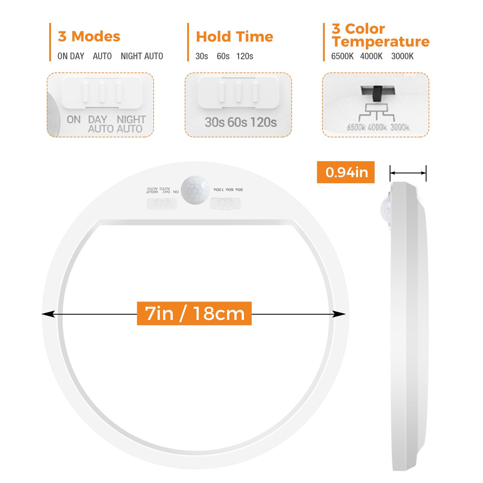 slochi 2 stuks led-plafondlamp met bewegingsmelder voor binnen, 15 W, 1500 lm, plafondlamp met bewegingssensor, 3000 K/4000 K/6500 K, 22 cm, ronde sensorlamp voor hal, trap, keuken, balkon, bergruimte