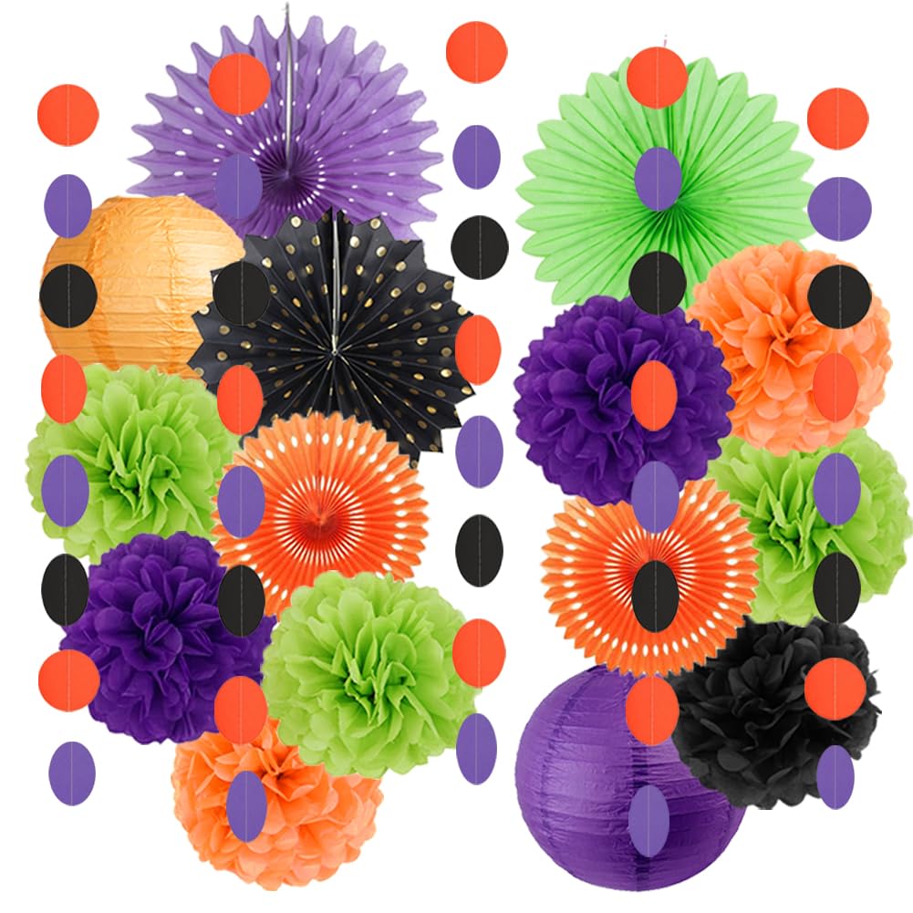 Black Purple Orange Halloween Party Decorations Halloween Paper Decorations Tissue Paper Pom Poms Paper Lanterns Fans Streamers Garland for Happy Halloween Party Decor (Black Purple Orange Green)