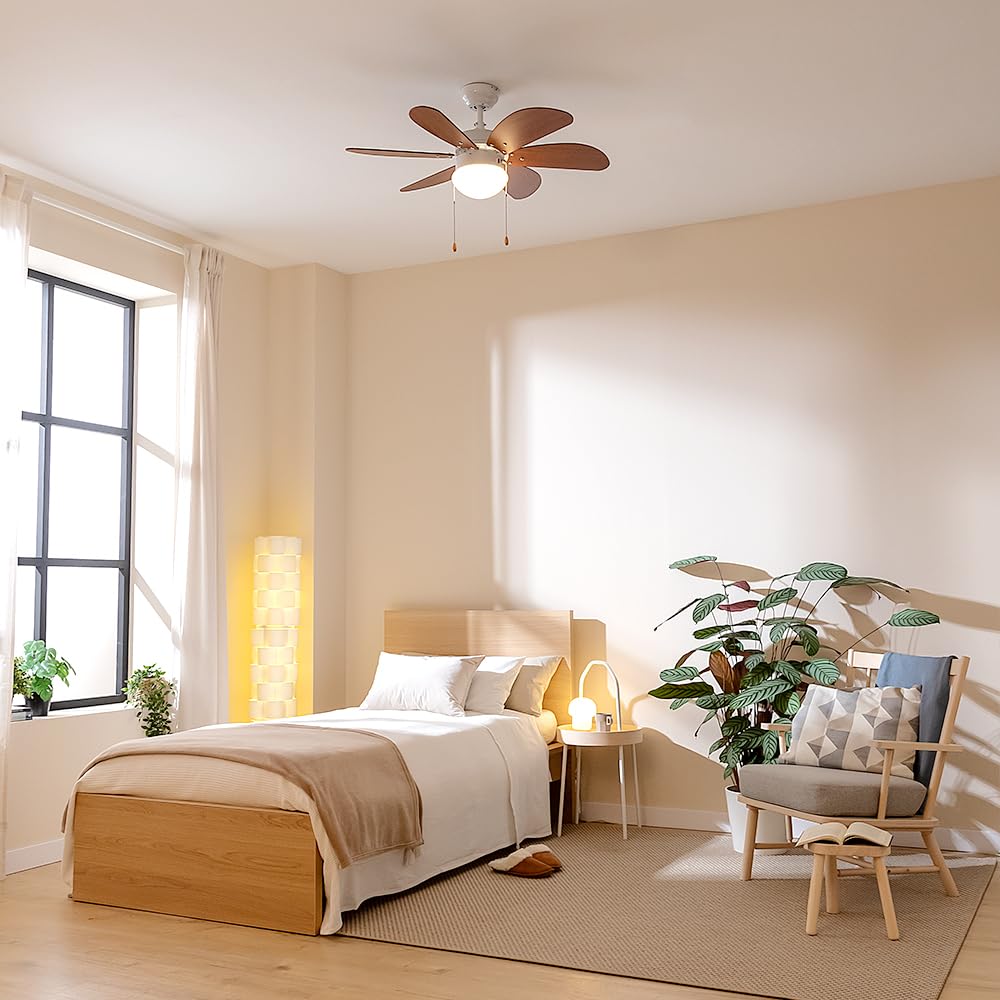 Cecotec Ventilatore da Soffito con Luce EnergySilence Aero 365 White&Wood. 50 W, diametro 92 cm, 3 velocità, 6 lame reversibili, modalità inverno-estate, utilizzo semplice, interruttore a catena