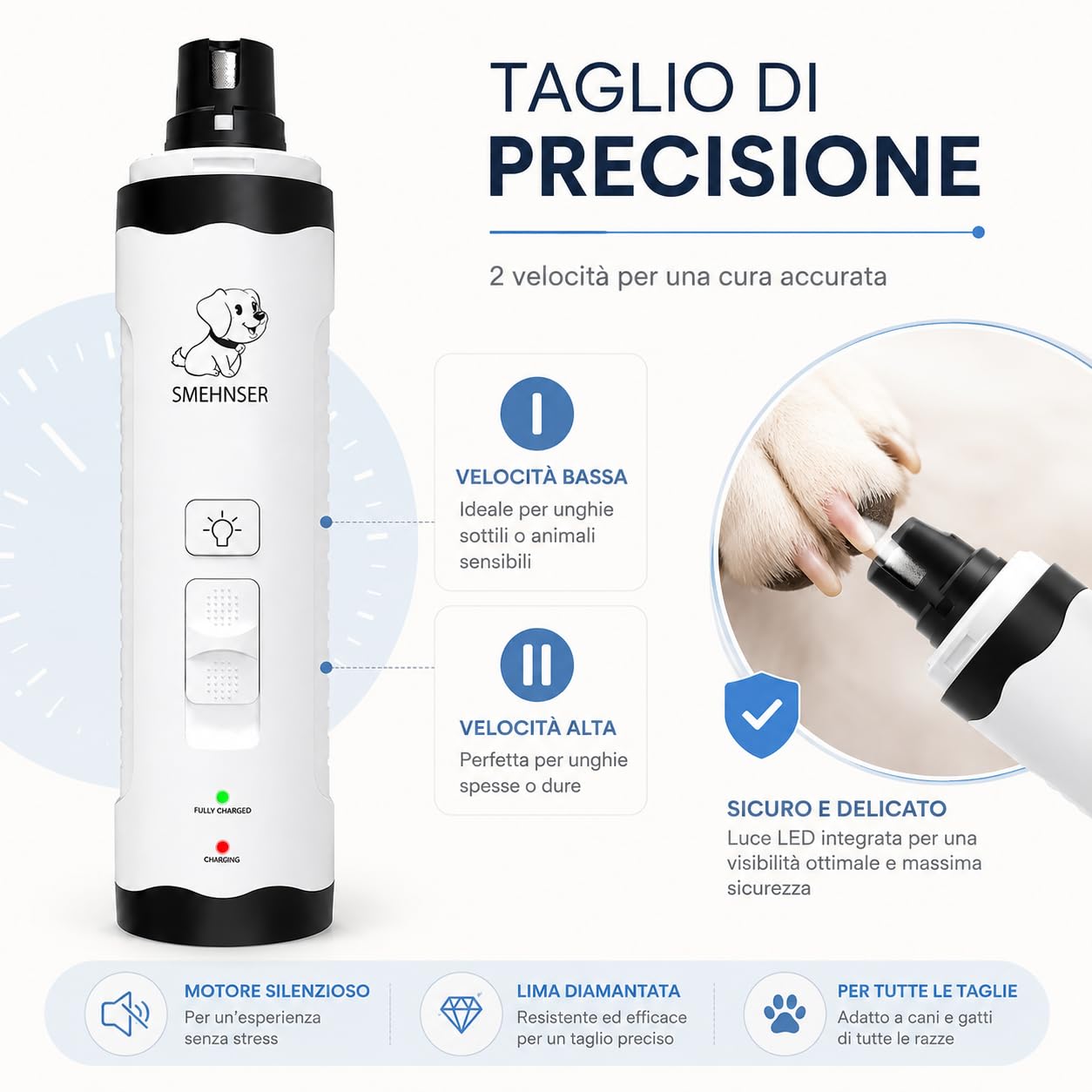 Hiwoof Smooth Groom Lima per Unghie Cane Elettrica Silenziosa con Luce LED per Cani Piccoli Medi Grandi E Gatti