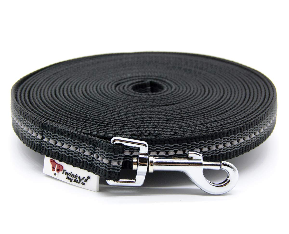 Dog Style Schleppleine Hundeleine gummiert 20 mm breit für Hunde bis 50 kg - OHNE Handschlaufe 45 Meter Schwarz Reflektierend Made IN Germany