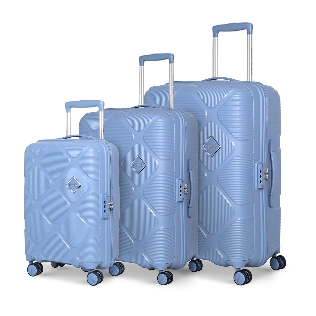 American Tourister Instavibe 3PC Set Trolley Bag for Travel Polypropelene Hard Suitcase with Mounted TSA Lock, 8 Wheels Spinner, Flexi Packing Straps, and Side Hooks for Men & Women - Sky Blue