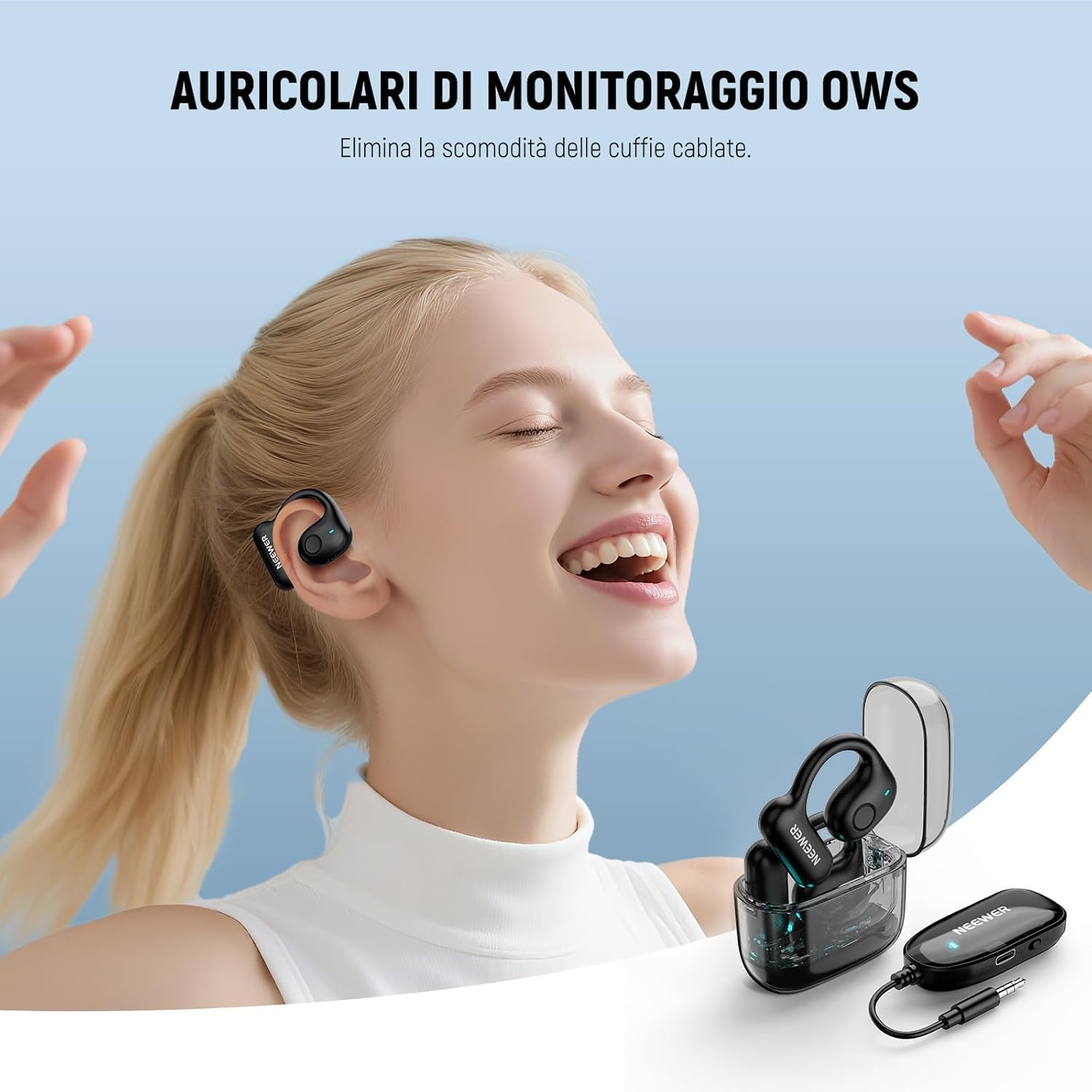 NEEWER EB01 Auricolari OWS Dongle Wireless 2.4G con Monitoraggio in Tempo Reale a Latenza Zero Antirumore Traccia Mono Portata 30m 24H per Jack Monitor TRS 3.5mm/Mic Lav Wireless/TV/Telefono/Laptop/PC