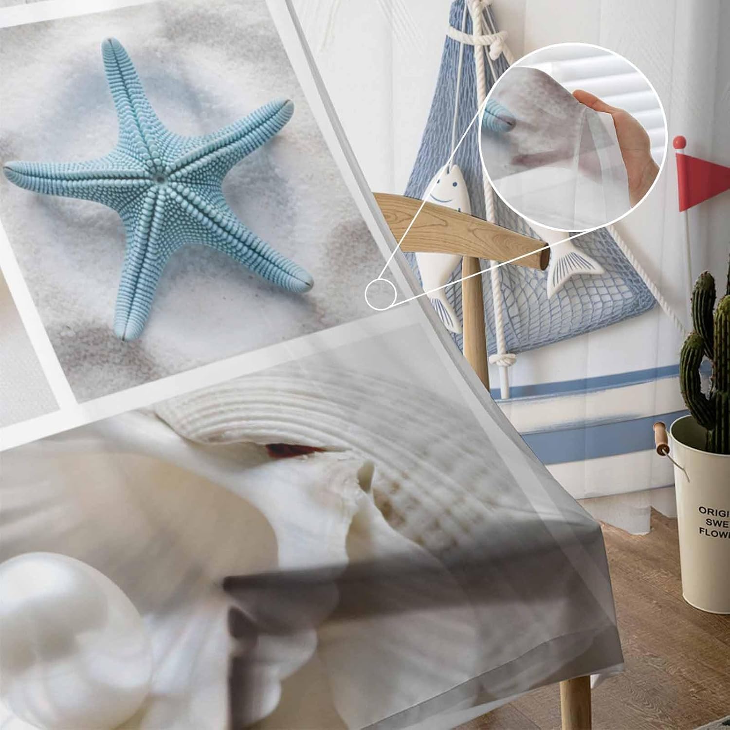 Beach Starfish Sheer Curtains 52''W x 72''L x 2 Panels Set, Nautical Coastal Bedroom Curtain Drapes, Tropical Ocean Seashell Semi Sheers Cafe Rod Pocket Voile Window Treatment