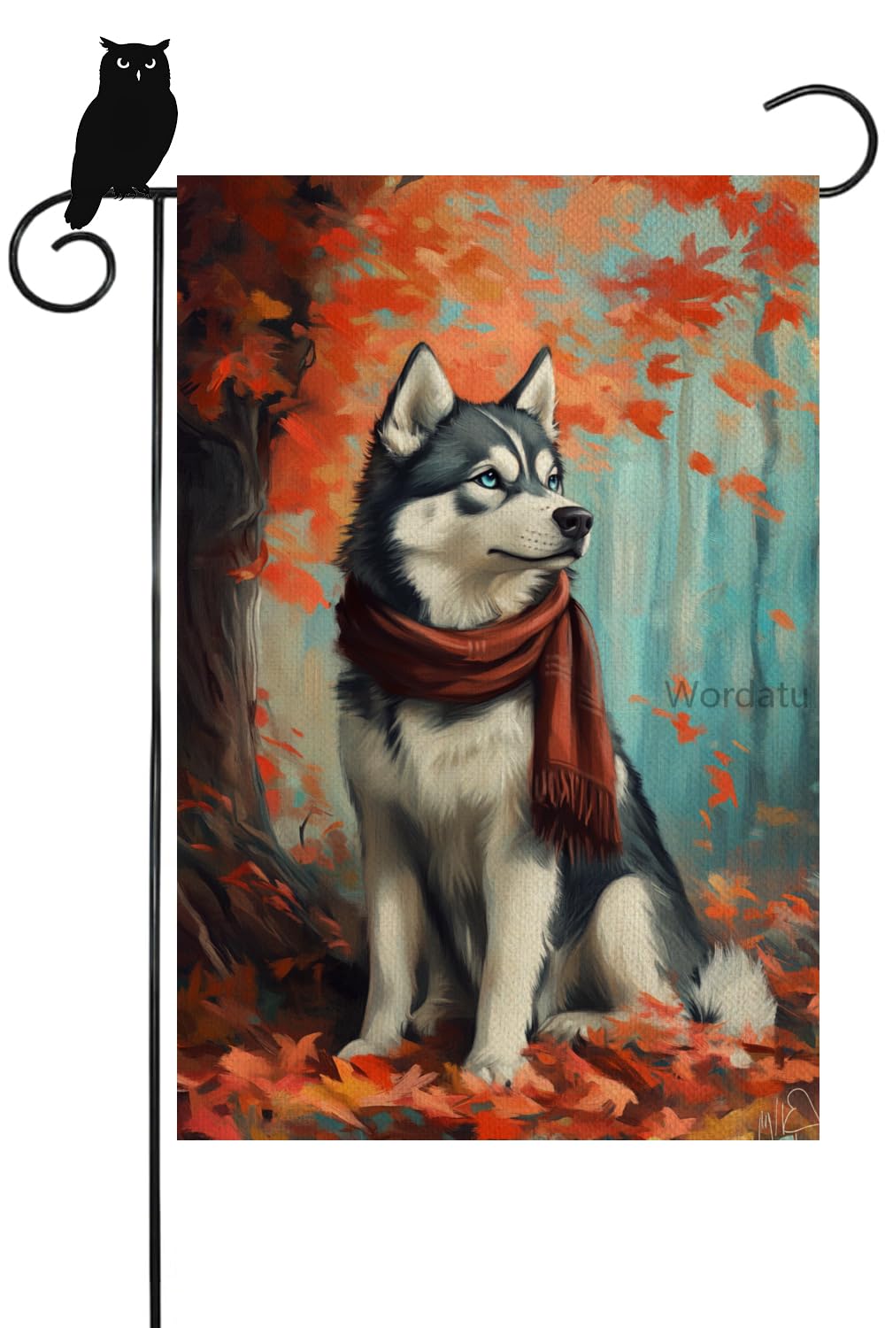 Wordatu Happy Husky Garden Flag Autumn Maple Leaves Yard Flag 12x18 Inch Double Sided Small Mini Yard Outdoor Outside Farmhouse Holiday Decoration (