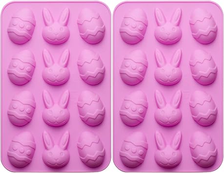 MoldFun 2 Pack Easter Egg and Bunny Silicone Molds Tray for Chocolate Candy Gummy Ice Cube Jello Jelly Cake Mini Soap Wax Crayon Melt