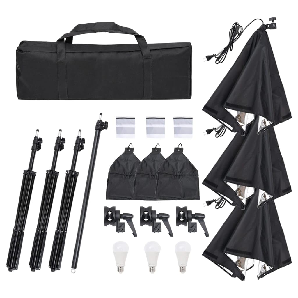 Zestaw do studia fotograficznego ze światłem ciągłym LED, 3 softboxy 40 x 40 cm, 5 kolorowych tła 1,6 x 3 m, przyciemniane lampy fotograficzne, aluminiowe statywy 75-210 cm, bezcieniowe
